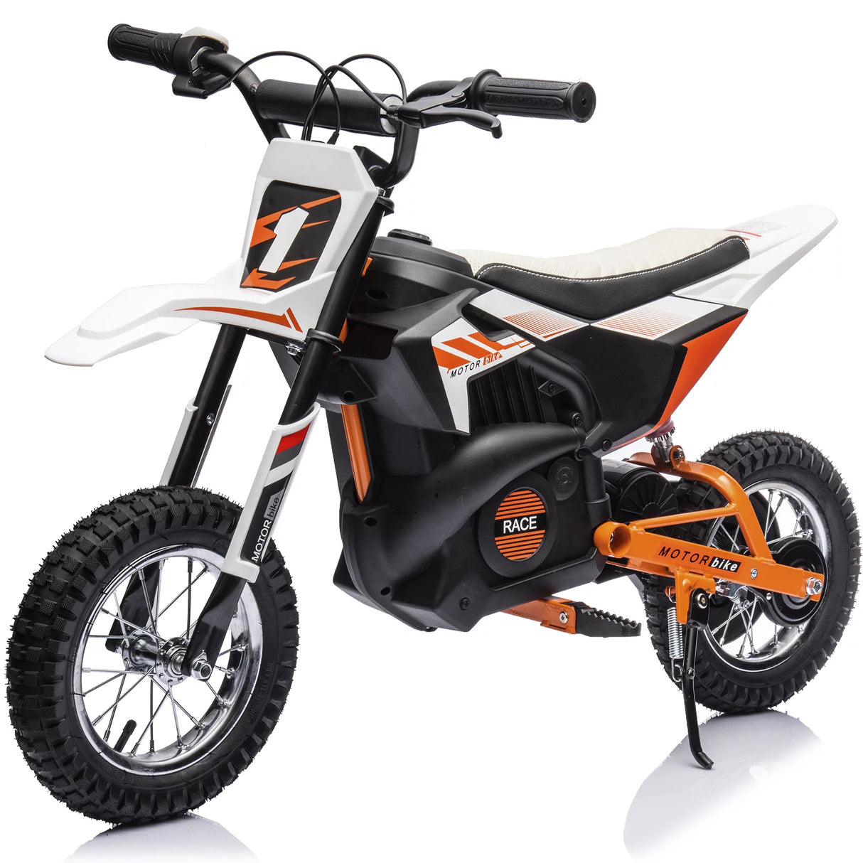 The 24V/250W SuperMoto Off-road Edition Dirt Bike is a sleek, orange and black kids bike with a number one on the front, knobby tires, kickstand, and handlebar grips for thrilling off-road adventures.