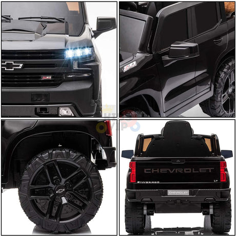 Black 12V Chevrolet Silverado Kids Licensed 1 Seater Ride On Truck with Music, Remote