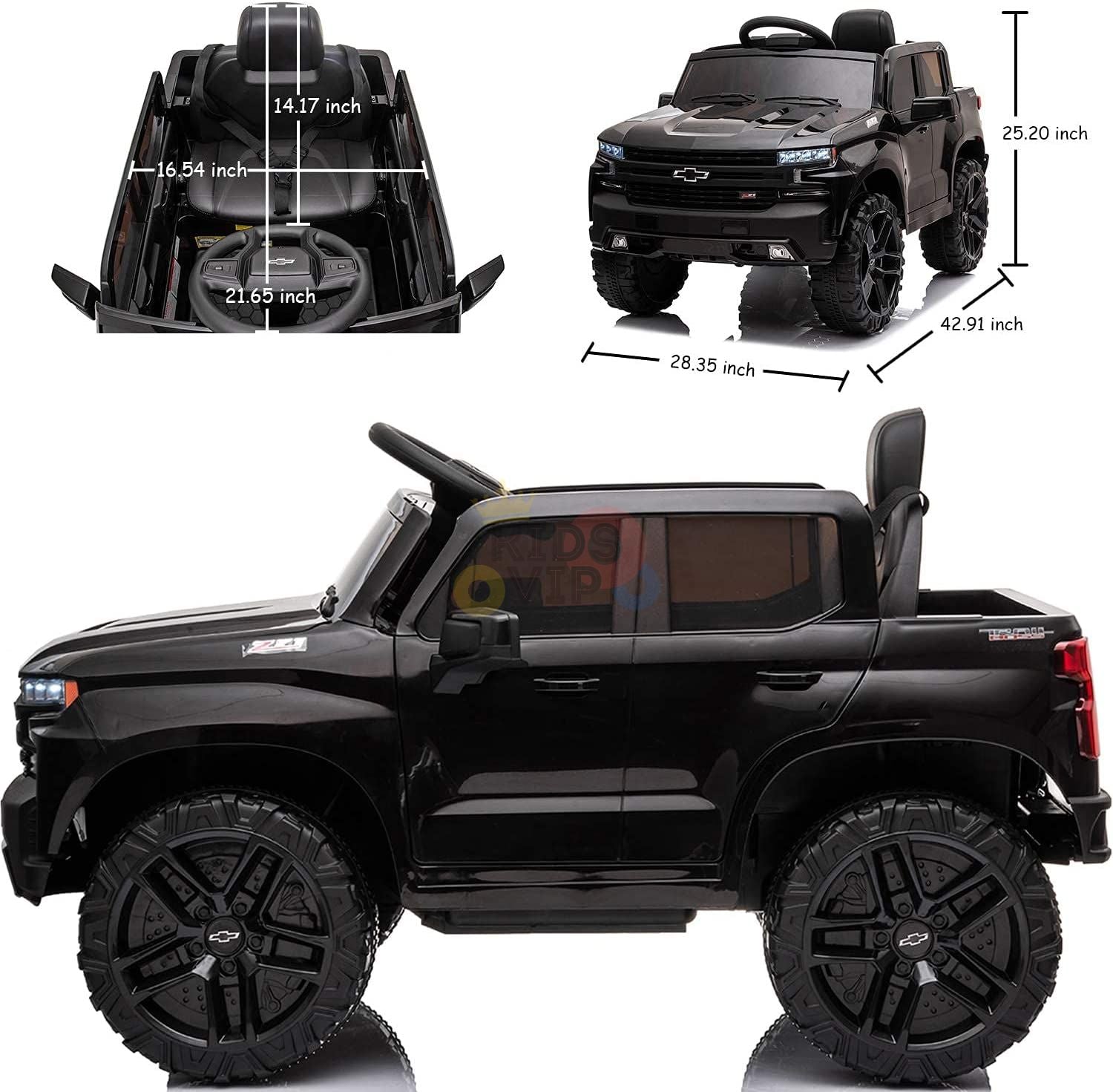 Black 12V Chevrolet Silverado Kids Licensed 1 Seater Ride On Truck with Music, Remote