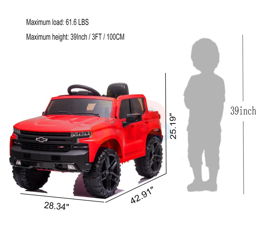 The White 12V Chevrolet Silverado Ride On Truck features enhanced options like a steering wheel and black wheels. Measuring 42.91 L x 28.34 W x 25.19 H, it supports up to 61.6 lbs with a silhouette of a 39-inch child, and includes remote control for convenience and safety.