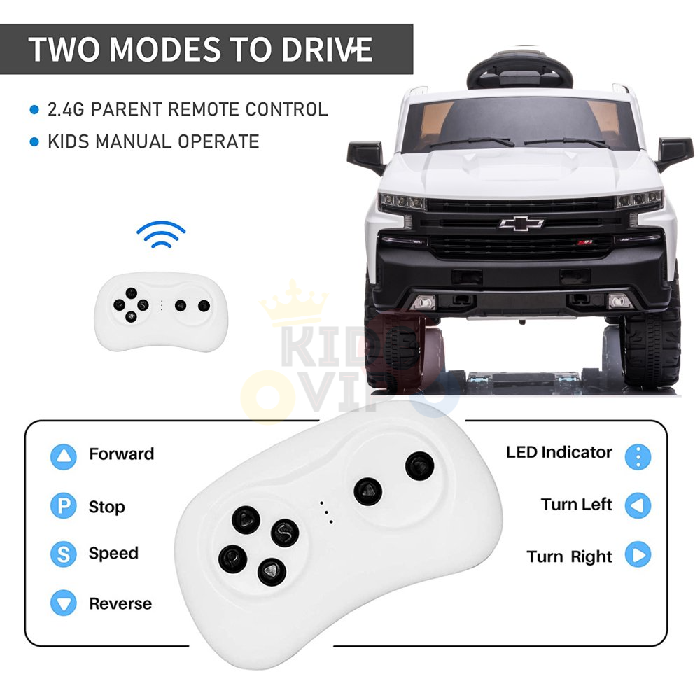 Explore the White 12V Chevrolet Silverado Ride On Truck for kids featuring a remote and advanced functions. This licensed 1-seater has Two Modes to Drive: 2.4G Parent Remote Control, Kids Manual Operate with controls for Forward, Stop, Speed, Reverse, LED Indicator, Turn Left/Right.