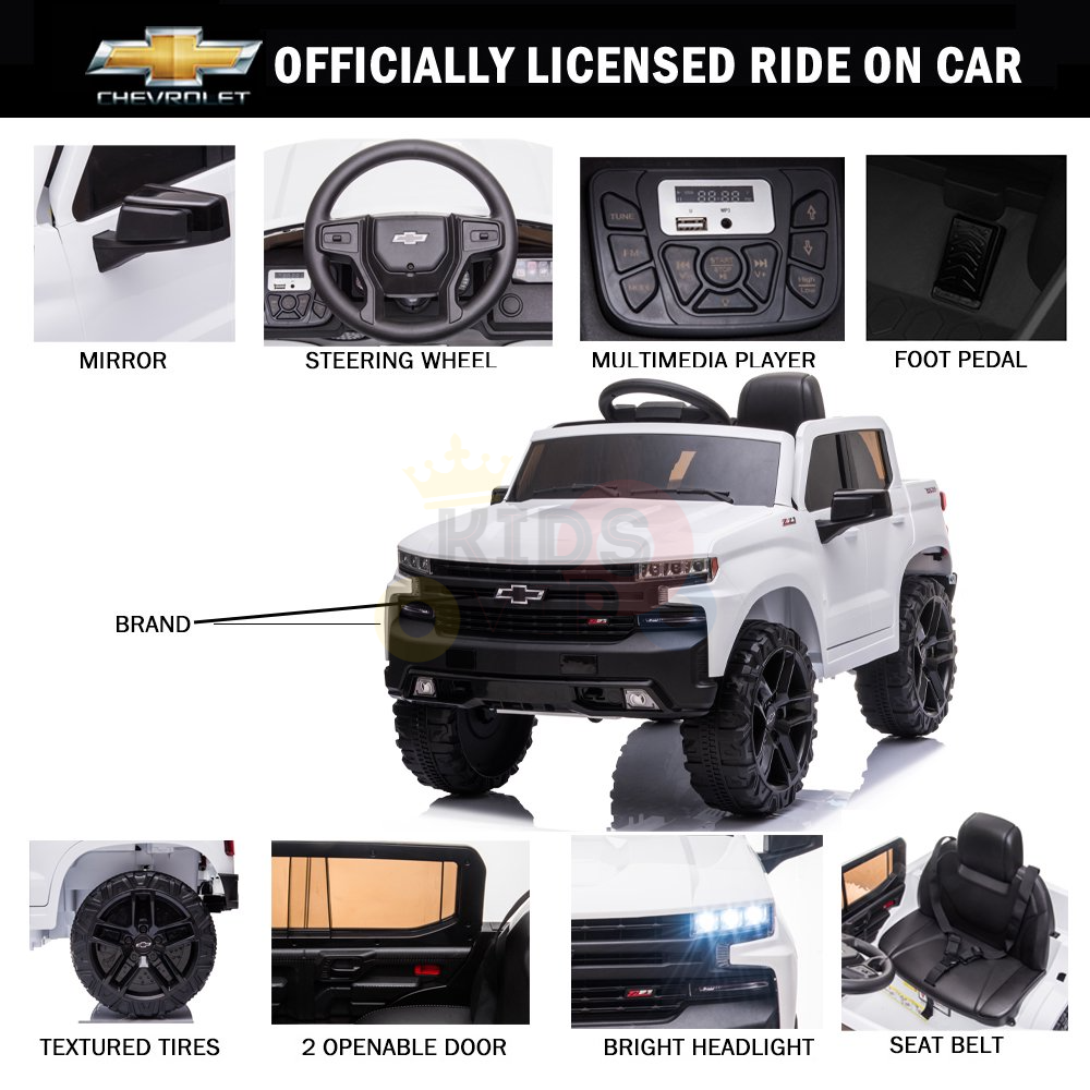 The White 12V Chevrolet Silverado Kids Licensed 1 Seater Ride On Truck with Music and Remote features a realistic steering wheel, multimedia player, foot pedal, textured tires, operable doors, bright headlights, seat belt, and remote control for safety. Close-up images highlight each detail.