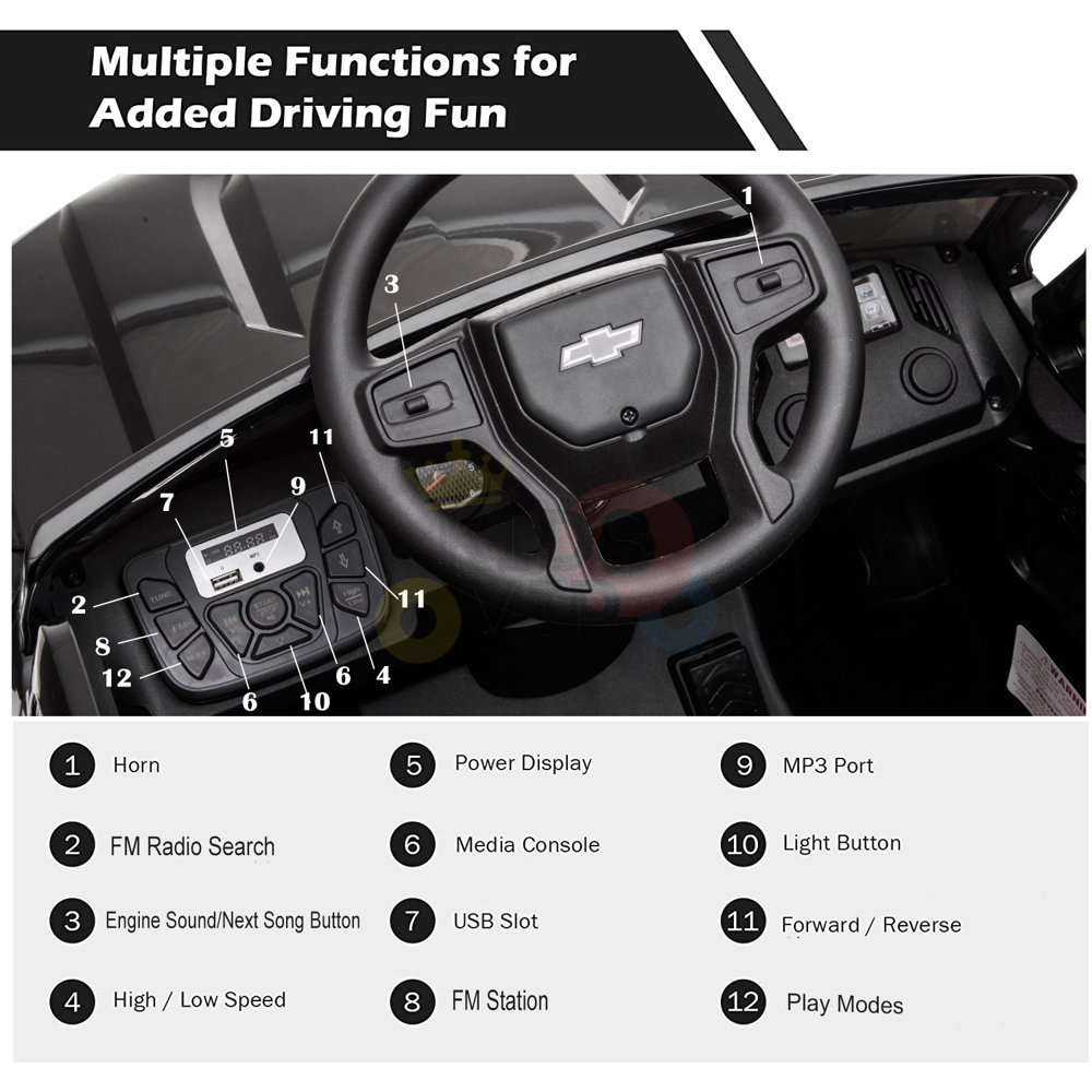 Discover the White 12V Chevrolet Silverado Kids Licensed Ride-On Truck with an authentic dashboard, horn controls, FM radio search, media console, steering wheel, USB slot, MP3 port, and a remote control for the ultimate driving experience.