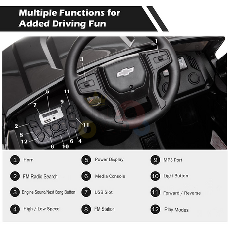 Discover the White 12V Chevrolet Silverado Kids Licensed Ride-On Truck with an authentic dashboard, horn controls, FM radio search, media console, steering wheel, USB slot, MP3 port, and a remote control for the ultimate driving experience.