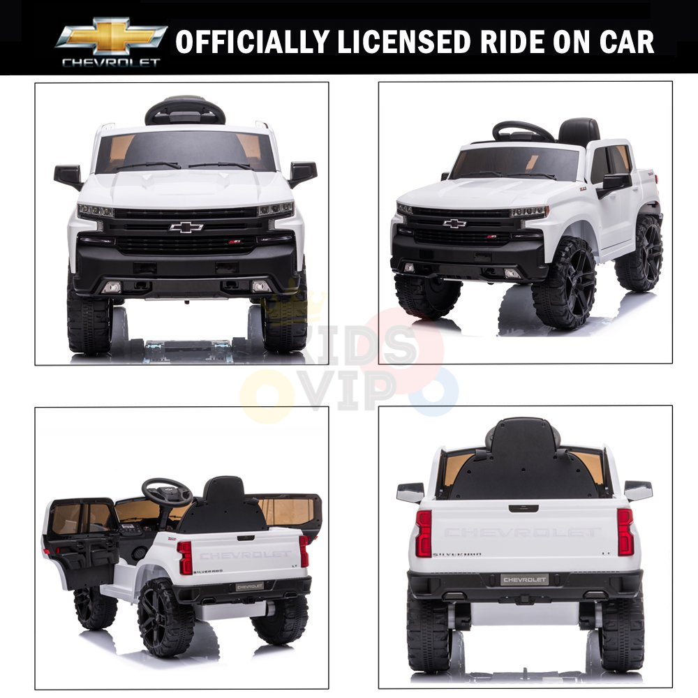 Four images display the White 12V Chevrolet Silverado Kids Licensed 1 Seater Ride On Truck with Music and Remote, featuring black wheels, upgraded headlights, and a steering wheel. The realistic car is shown from front, back, side, and interior perspectives.