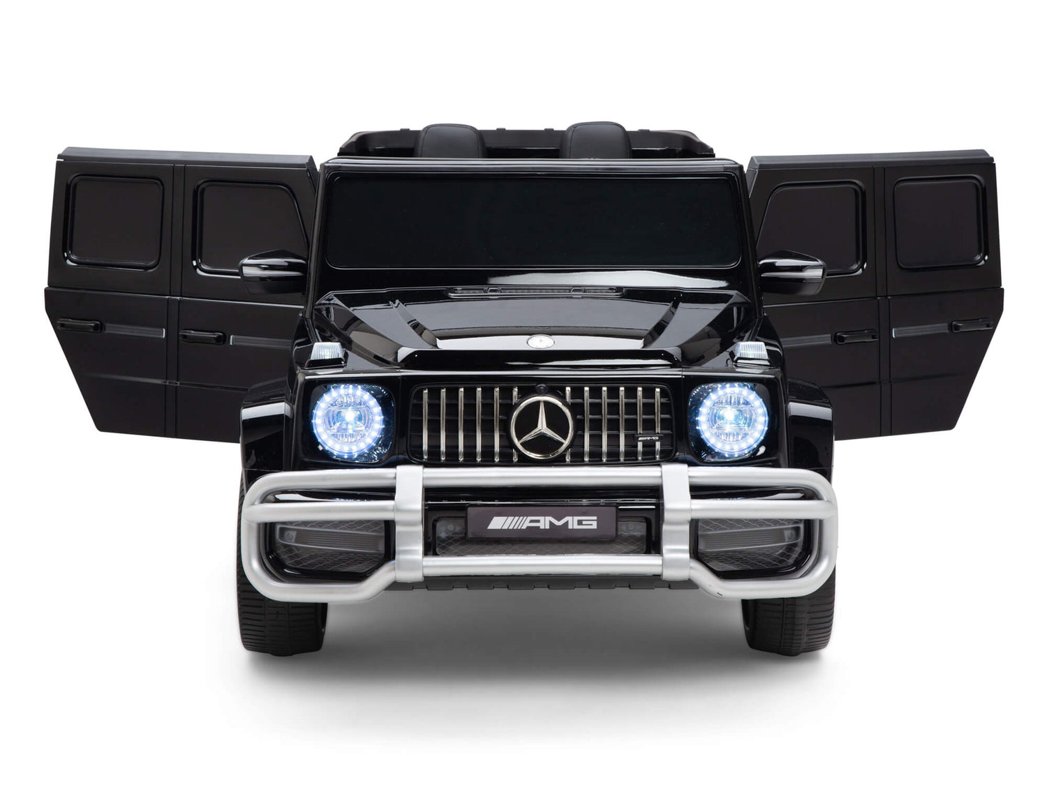 The Black 24V/4x4 Official Mercedes Benz G63 Ride On Car with RC features side-opening doors, illuminated circular headlights, and a detailed front grille. Perfect for young racers, its powerful 24V battery promises endless adventures.