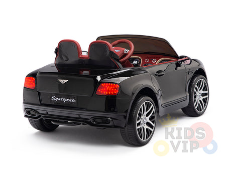 The Black 12V Bentley GTC Kids Licensed Ride On Car, featuring red interior details, sporty wheels, and the Kids VIP logo, includes a remote control for an exciting ride.