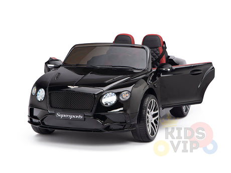 The Black 12V Bentley GTC Kids Licensed Ride On Car features a remote control, open driver-side door with red and black seats, and Supersports on the front. The Kids VIP logo is also visible on this sleek convertible toy car.