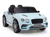 The Blue 12V Bentley GTC Kids Ride On Car features luxury details like a grille, headlights, rubber wheels, and sleek black leather seats. It includes a remote for easy navigation and is labeled Supersports on the front plate.