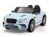 The Blue 12V Bentley GTC Kids Licensed Ride On Car, featuring rubber wheels and a remote control, boasts a Supersports grille label, detailed front bumper, and luxurious leather seats for an authentic luxury sports car experience.