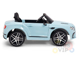 A light blue Bentley GTC Kids Ride On Car with a black leather seat and large silver rims, styled like a luxury vehicle with steering wheel, side mirrors, and detailed vents. The Kids VIP logo enhances this 12V remote control car for an upscale playtime experience.