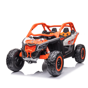 The Orange 2x24V/2WD Official Can-Am Maverick Ride on Buggy, LX Performance, boasts a Maverick-inspired design with rugged tires, an open cockpit, prominent fenders, and a roll cage. It offers a thrilling two-seater ride on a reflective white surface for adventurous off-road experiences.