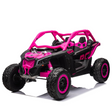 The Rose 2x24V/2WD Official Can-Am Maverick Ride-on Buggy, LX Performance features a rugged pink and black exterior, large tires, and dual seats. With realistic details and vibrant accents, this adventurous model is perfect for young explorers.