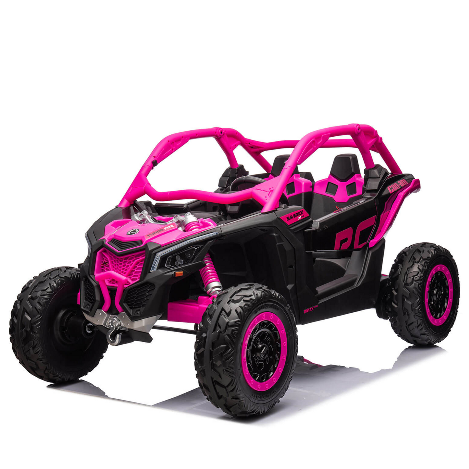 The Rose 2x24V/2WD Official Can-Am Maverick Ride-on Buggy, LX Performance features a rugged pink and black exterior, large tires, and dual seats. With realistic details and vibrant accents, this adventurous model is perfect for young explorers.