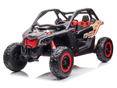 The 2 Seater Official 2x24v Can-Am Maverick RS Ride on Buggy, LX Performance 4WD Edition, is a toy off-road vehicle with a black body, red accents, rugged tires, detailed front grille, roll bars, and sporty design ideal for adventurous kids.