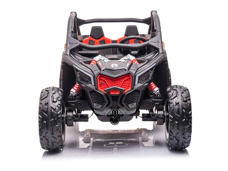 The 2 Seater Official 2x24v Can-Am Maverick RS Ride on Buggy, LX Performance 4WD Edition, is styled in black and red with large rugged tires and red shock absorbers. Its cabin features matching seats, showcased against a white background.