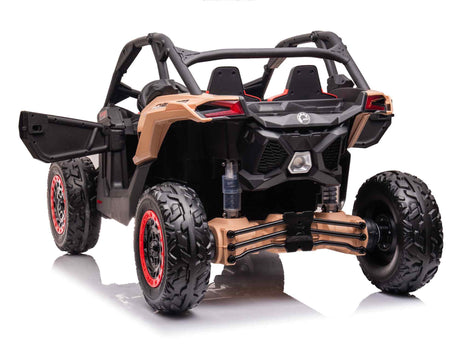 A Black 2x24V/2WD Official Can-Am Maverick Ride-On Buggy with large knobby tires, black seats, and red-accented wheels. The rear view highlights the open side door and sturdy suspension system, ideal for young adventurers seeking an off-road experience.