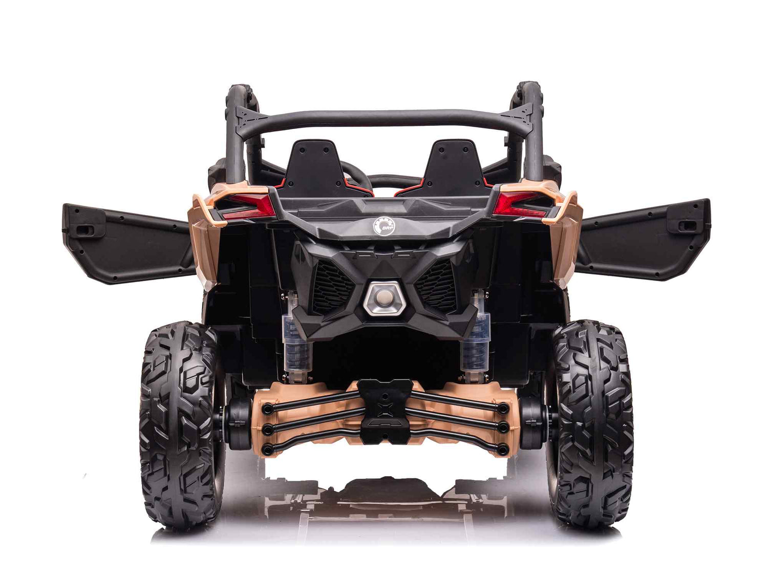 The 2 Seater Official 2x24v Can-Am Maverick RS Ride on Buggy, LX Performance 4WD Edition, is a black and tan, battery-powered ride-on with large rugged tires, open doors, detailed rear suspension, and off-road-style wheels.