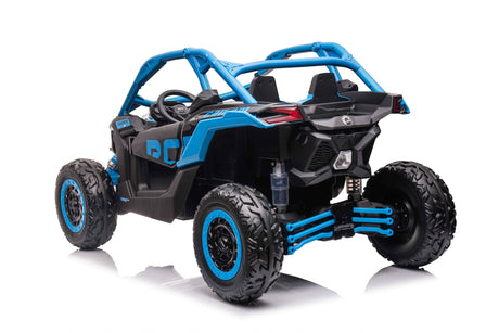 A rear-view of the Blue 2 Seater Official 24v Can-Am Maverick X Ride on Buggy, LX Performance 2WD Edition, showcases its rugged tires, open roll-cage design, detailed wheel rims, and realistic body styling.