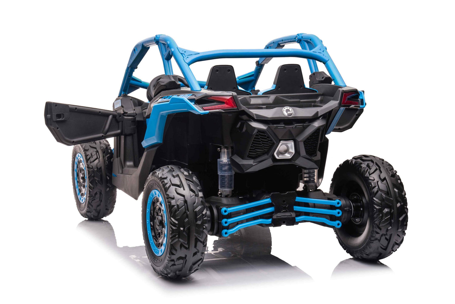 A Blue 2 Seater Official 24v Can-Am Maverick X Ride on Buggy, LX Performance 2WD Edition is depicted with an open side door, rugged tires, suspension, and a focus on its rear and side profile against a white background, ideal for adventurous outdoor activities.