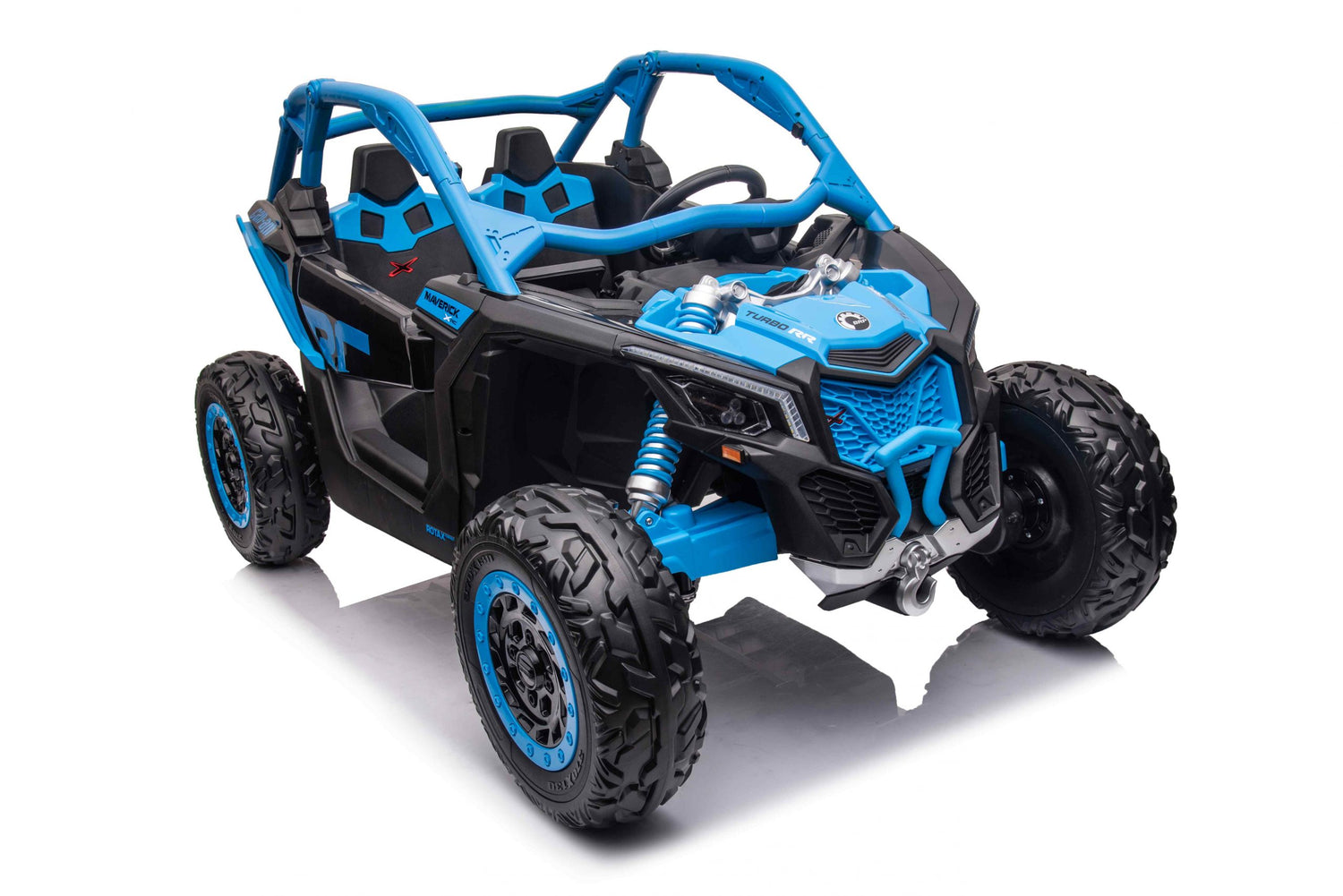 The Blue 2 Seater Official 24v Can-Am Maverick X Ride on Buggy, LX Performance 2WD Edition features rugged tires, an open-frame design, sporty double seating, and a steering wheel for adventurous play.