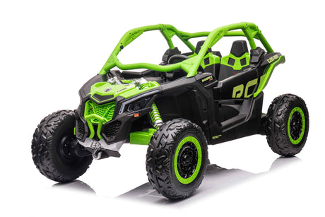A green and black 24v Can-Am Maverick X Ride on Buggy for kids with large rugged tires, a roll cage, realistic details, and Eco Leather Seats is displayed against a plain white background.