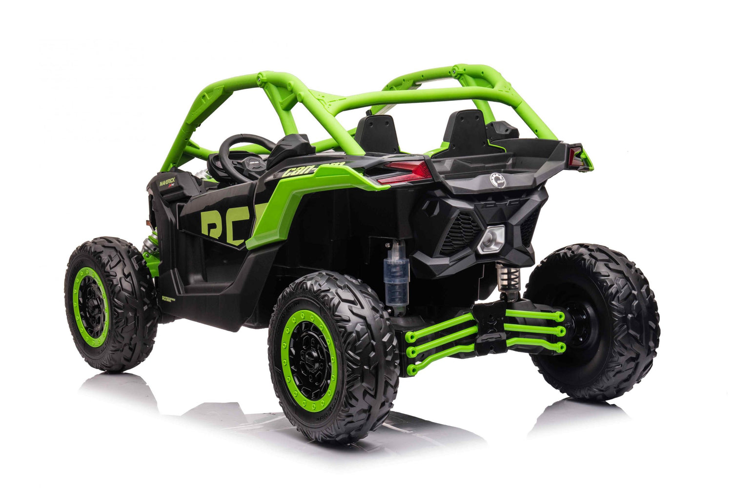 The Green 2 Seater Official 24v Can-Am Maverick X Ride on Buggy, LX Performance 2WD Edition, features a bright green and black design with large rugged tires and an open roll cage. Detailed graphics make it stand out against a white background, capturing the adventurous spirit of off-road toys.