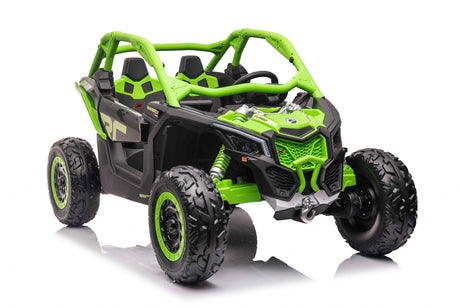 The Green 2 Seater Official 24v Can-Am Maverick X Ride on Buggy, LX Performance 2WD Edition features Eco Leather Seats, large rugged tires, an open cockpit, prominent front suspension springs, and geometric body detailing. Its displayed on a reflective white surface.