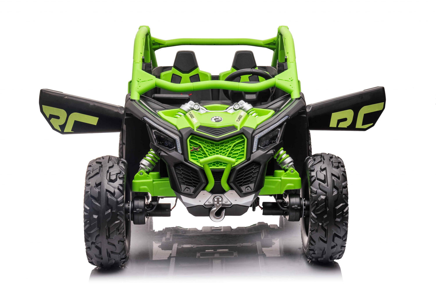 A green 2-seater, LX Performance 4WD Can-Am Maverick X toy car with black accents and RC graphics features large off-road tires, an open-top design, and open doors. Photographed against a white background.