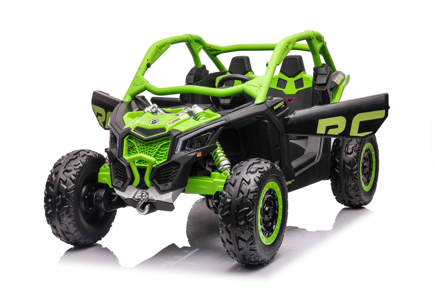 Introducing the Green 2 Seater Official 2x24V Can-Am Maverick X Ride on Buggy, LX Performance 4WD Edition: a neon green and black off-road electric toy car with large tires, realistic grille, side guards, roll cage, and all-terrain vehicle design for adventurous childrens play.