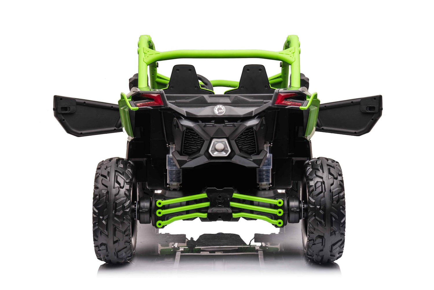 The image displays a black and green off-road toy vehicle resembling the Green 2 Seater Official 2x24v Can-Am Maverick X Ride on Buggy, LX Performance 4WD Edition. It boasts large tires, visible suspension elements, an open compartment, and open back doors revealing two small seats.