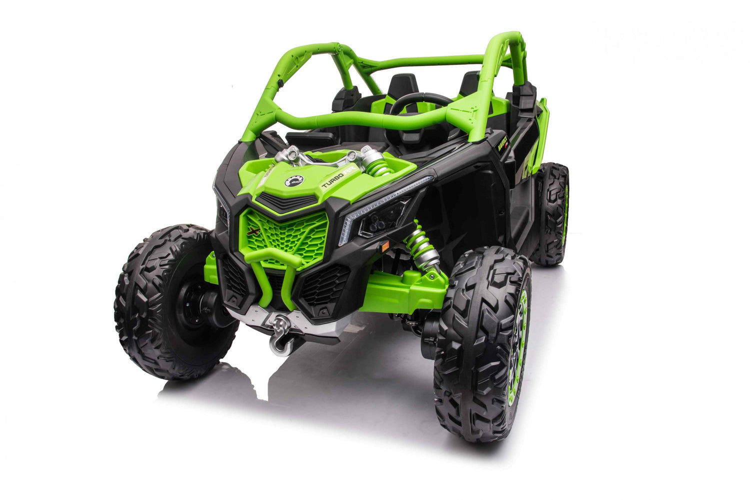 The Green 2 Seater Official 2x24v Can-Am Maverick X Ride-on Buggy, LX Performance 4WD Edition features large tires and a rugged all-terrain vehicle design with a roll cage and side mirrors on a plain white background for an adventurous look.