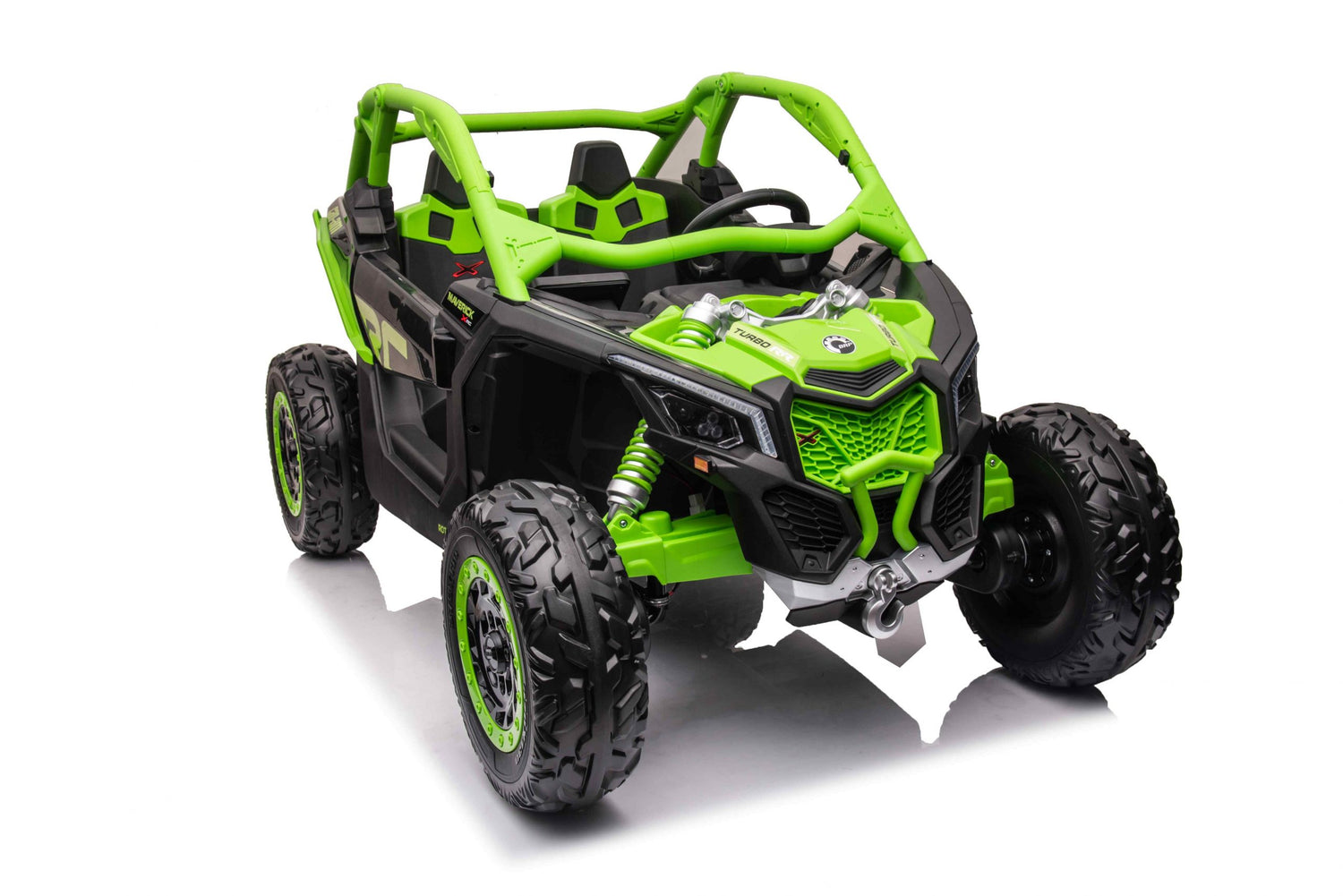 A Green 2 Seater Official 2x24v Can-Am Maverick X Ride on Buggy, LX Performance 4WD Edition with rugged tires and an open frame design is displayed on a reflective white surface. Its front features bold styling with geometric patterns.