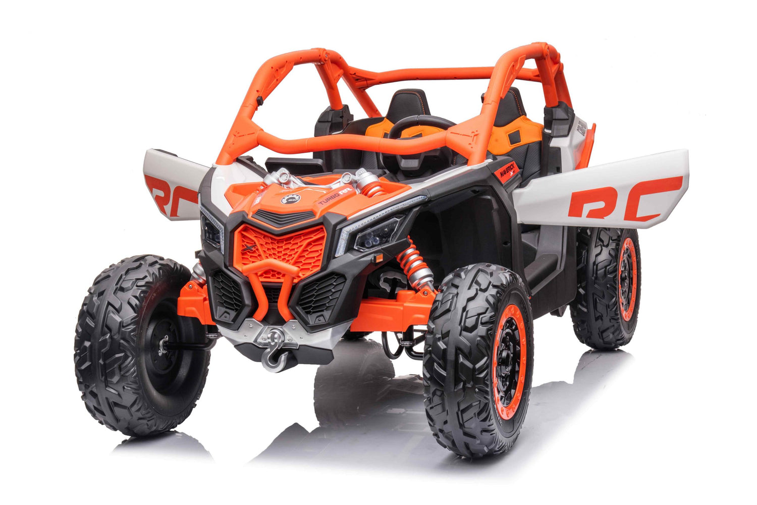 The Orange 2x24V/4WD Official Can-Am Maverick Ride on Buggy, LX Performance, is a striking off-road toy with orange and gray details, large black tires, eco leather seats in a two-seat open cabin with a sturdy roll cage. Its aggressive front design and visible suspension springs boost its rugged appeal.