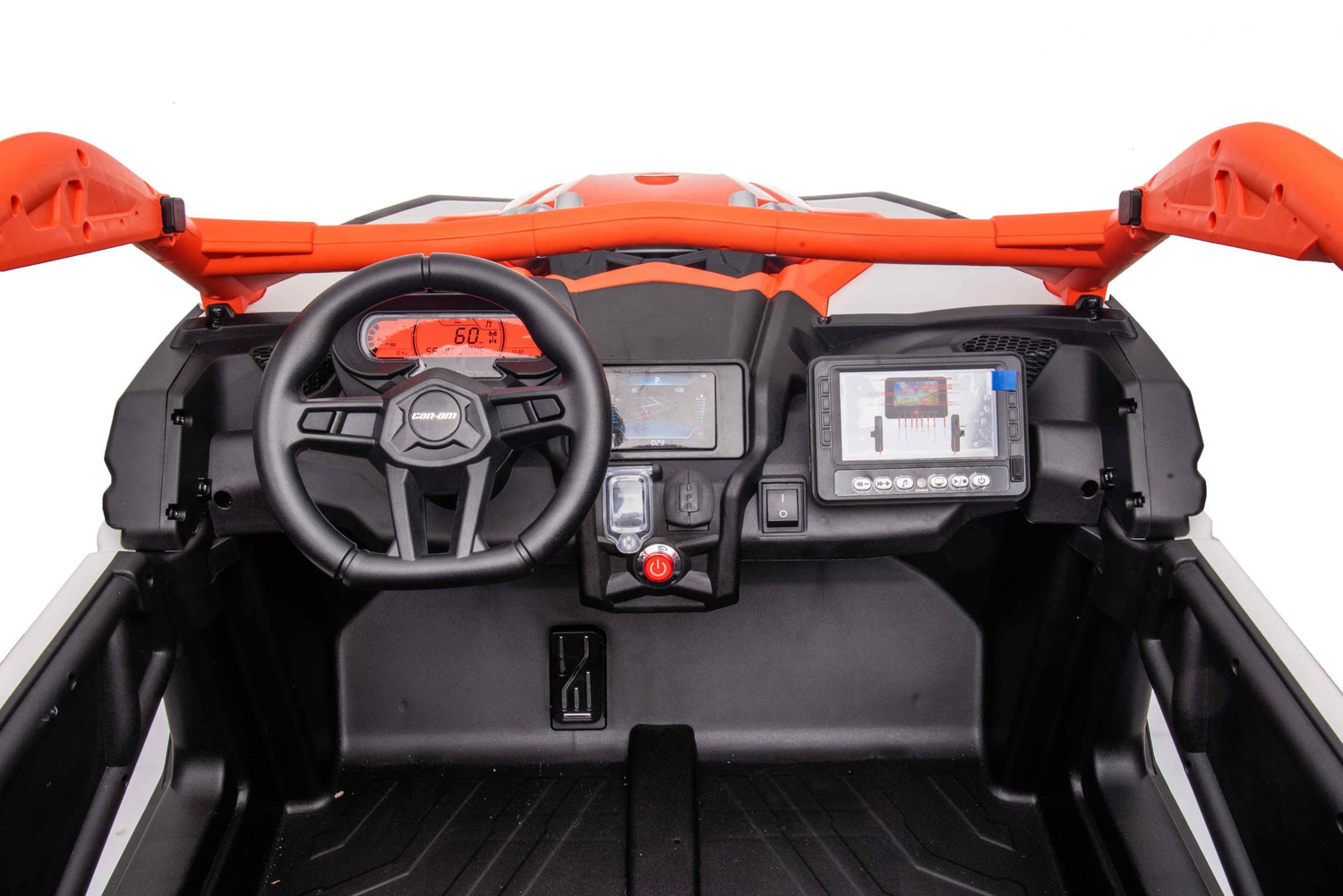 The vehicle cockpit showcases a steering wheel, digital dashboard, and control panels. It has a modern design with black and orange colors accented by eco leather seats, reflecting the style of an Orange 2x24V/4WD Official Can-Am Maverick Ride on Buggy, LX Performance.