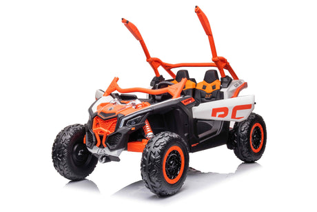 The Orange 2x24V/4WD Official Can-Am Maverick Ride on Buggy, LX Performance features an orange and white theme with rugged tires and eco leather seats. Its detailed front design and roll cage make it ideal for outdoor adventures and play.