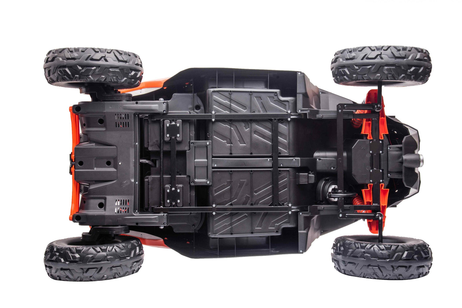 Underside view of a remote-controlled toy car with large black and orange wheels, exposing detailed components in its chassis. Its robust design mimics the adventurous spirit of the Orange 2x24V/4WD Official Can-Am Maverick Ride on Buggy, LX Performance, promising excellent off-road capabilities.