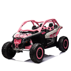 The Pink 2x24V/4WD Official Can-Am Maverick Ride on Buggy, LX Performance, is an off-road-style vehicle with large tires, dual seats, a detailed dashboard, a sturdy RC-branded frame, and decorative accents for adventurous play.