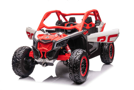 The Red 2x24V/4WD Official Can-Am Maverick Ride on Buggy, LX Performance features a rugged black and red design with large knobby wheels, white side panels displaying RC, exposed suspension, and netted doors, all resting on a reflective white surface.
