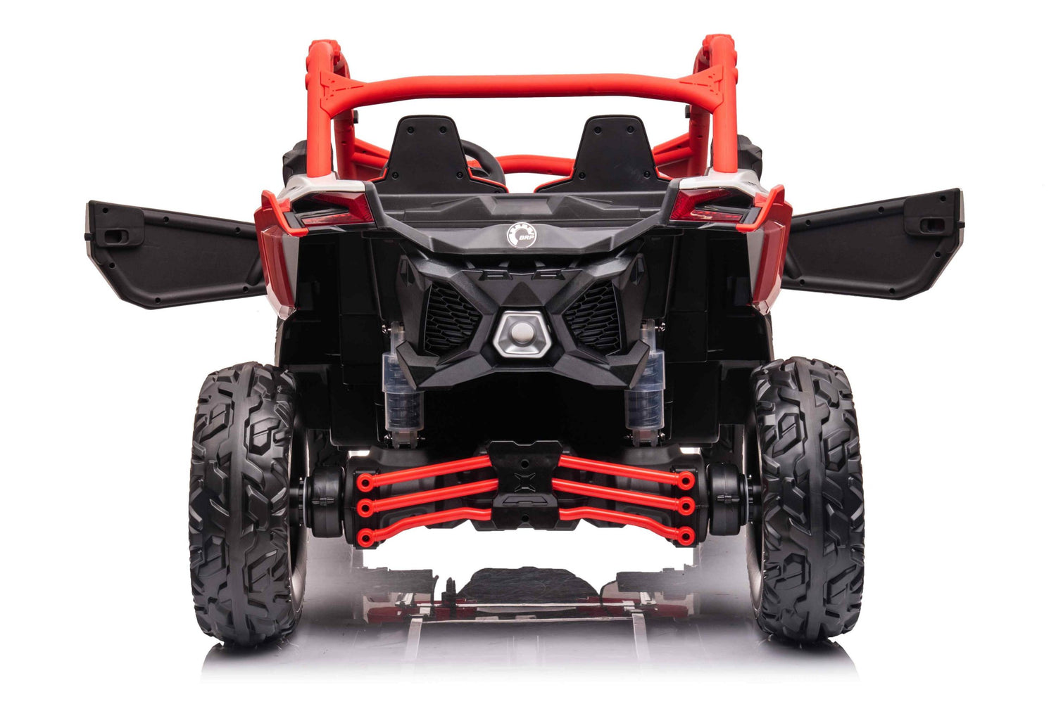 The Red 2x24V/2WD Official Can-Am Maverick Ride on Buggy, LX Performance features a rugged design with oversized black tires, orange suspension, and a red roll cage. Open doors and two seats at the rear reveal angular details and a central emblem.