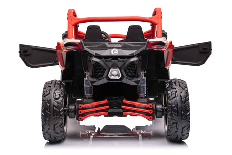 The Red 2x24V/2WD Official Can-Am Maverick Ride on Buggy, LX Performance features a rugged design with oversized black tires, orange suspension, and a red roll cage. Open doors and two seats at the rear reveal angular details and a central emblem.