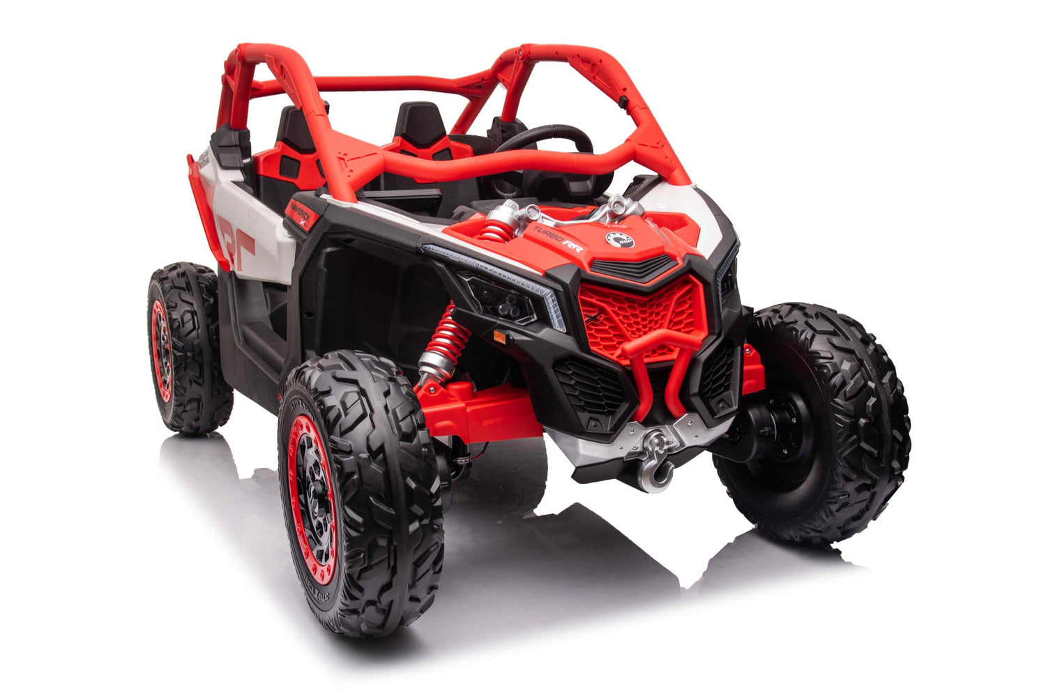 Introducing the Can-Am Maverick LX Performance, a red 2x24V/4WD ride-on buggy with large tires, sturdy frame, and sleek design. This 2-seater features a roll cage and detailed front grill, all highlighted on a reflective white surface for an adventurous vibe.