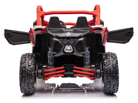 A rear view of the Red 2x24V/2WD Official Can-Am Maverick Ride on Buggy, LX Performance, features large rugged wheels, a black frame with red accents, open doors, and visible suspension—highlighting its detailed build and robust design for adventurous young drivers.