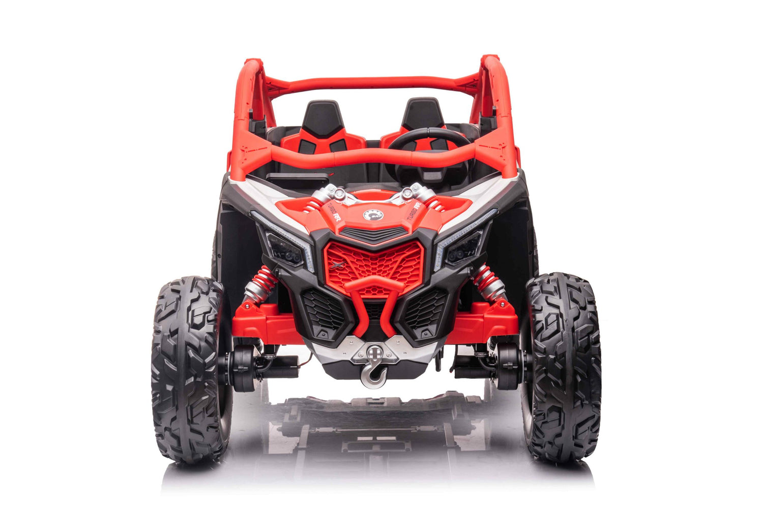 Front view of a red and black Red 2x24V/2WD Official Can-Am Maverick Ride on Buggy, LX Performance, with large rugged tires and angular lines exposing its suspension springs. Missing its base.