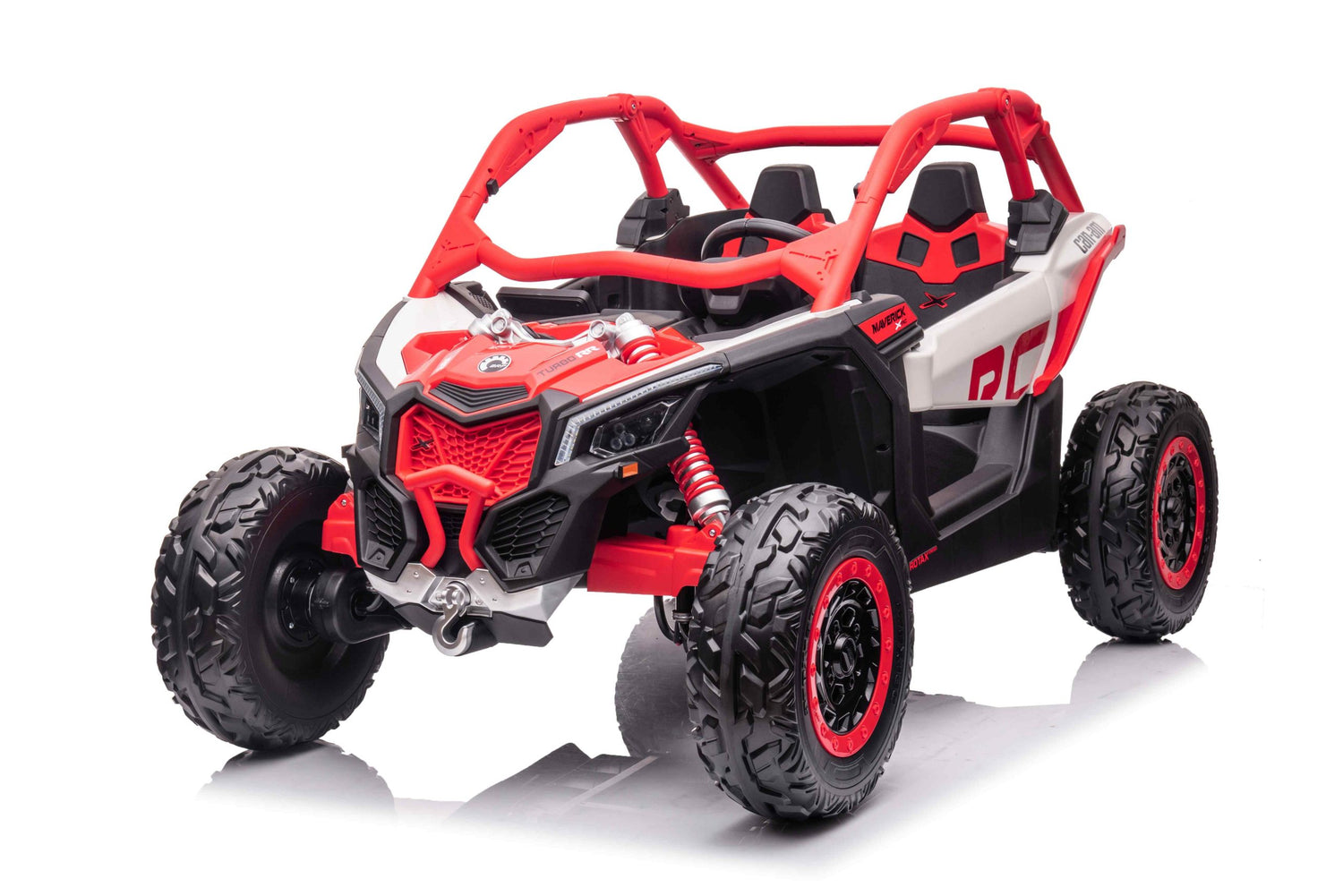 The Red 2x24V/2WD Official Can-Am Maverick Ride on Buggy, LX Performance is an off-road toy with large rugged tires, an open frame, and a dune buggy look. It features a detailed front grill, suspension, sporty design, and two seats for adventurous journeys.