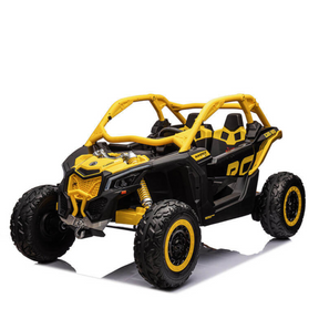 This yellow 2-seater off-road toy car, the 2x24V/4WD Official Can-Am Maverick Ride on Buggy, LX Performance Edition, features large rugged tires, a detailed roll cage, front bumper, and sporty decals. Designed for children.