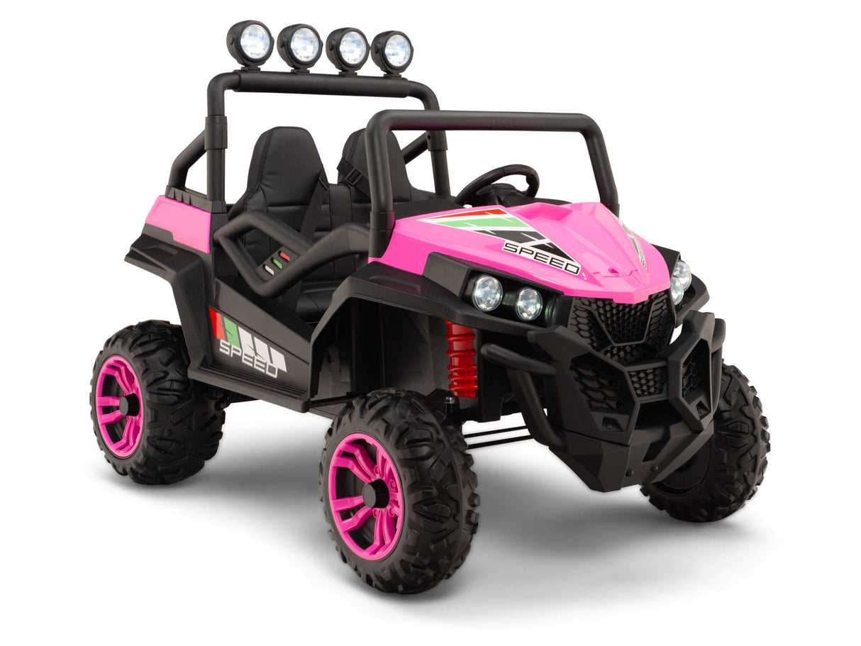 Introducing the 24V Viper Buggy in pink and black, featuring Speed decals, large black tires with pink rims, rear EVA rubber wheels for smooth rides. It has four overhead lights, two seats, and a rugged ATV design—perfect for adventurous kids.