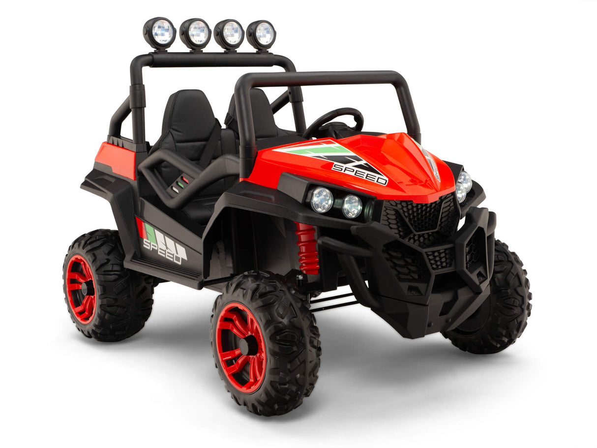 The sporty 2WD Viper Buggy toy off-road vehicle in red and black features a left motor, four large tires, overhead lights, decals, a seat, and steering wheel. Designed for children, it offers a rugged appearance ideal for young adventurers.