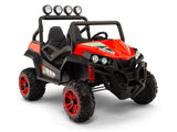 The sporty 2WD Viper Buggy toy off-road vehicle in red and black features a left motor, four large tires, overhead lights, decals, a seat, and steering wheel. Designed for children, it offers a rugged appearance ideal for young adventurers.