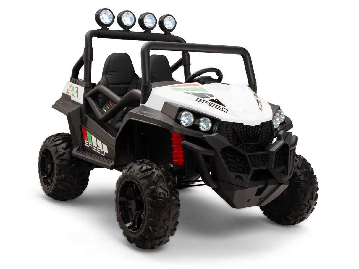 The Left Motor for 2WD/24V Viper Buggy toy features a white and black design with large tires, four top lights, sporty red accents labeled Speed, ideal for young adventurers, with an eye-catching front and side view.